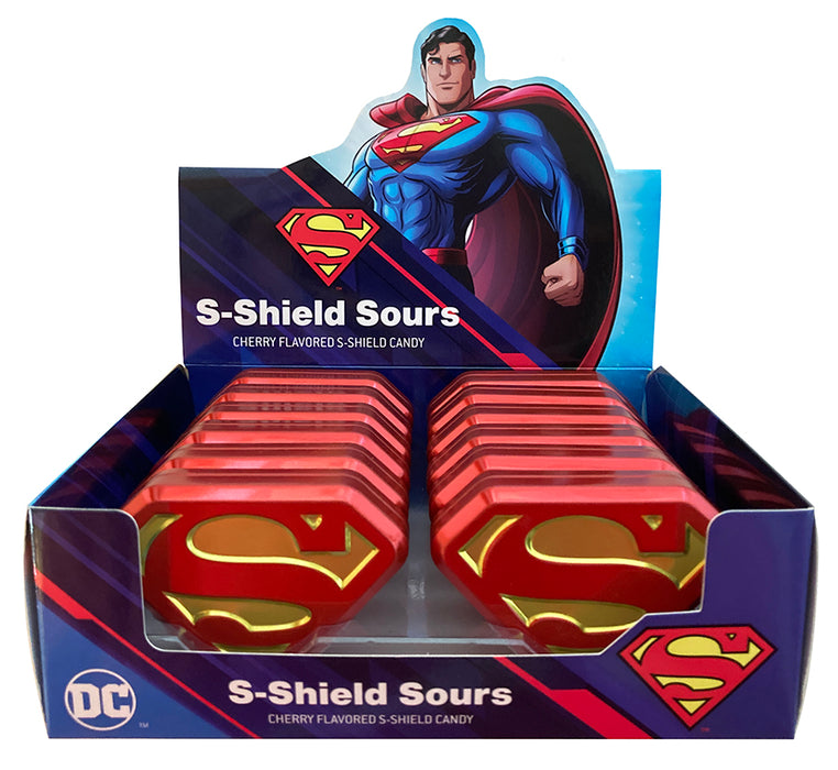 Superman S Shield Cherry Sours 3D candy Filled Tins 12ct Box