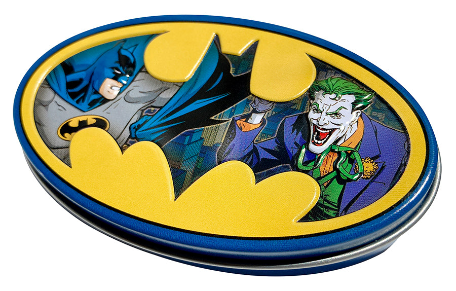 Batman, another famous DC Comic Book Character, created by artist Bob Kane and writer Bill Finger. He debuted way back in 1939. Batman has been in more TV series, books, and games than we can count! Bring a piece of Gotham City home in this epic metal embossed Logo Tin, featuring Batman and his Arch Nemesis, The Joker! Best Part is that's packed with Blue Raspberry 3D shaped Batman Logo Candy!