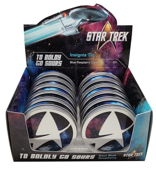 Star Trek, Created by Gene Roddenberry back in the 60's, this epic TV series has "Boldly Gone, where no man has gone before!" Loved by many still to this day, Now in warp speed, they have entered the candy world! With each metal embossed tin being packed with 3D shaped Insignia telecommunicator Blue Raspberry Sour Candies 1.5oz tin 12ct Box