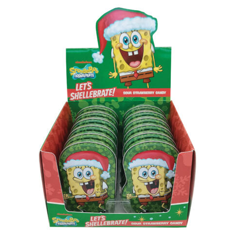 Display box of SpongeBob-themed candy with a character wearing a Santa hat.