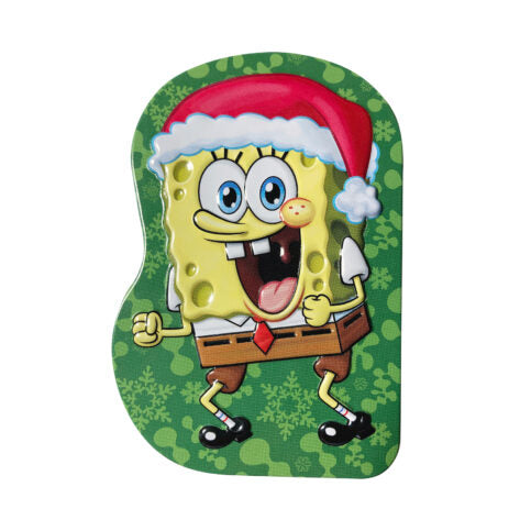 SpongeBob SquarePants wearing a Santa hat on a green background