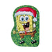 SpongeBob SquarePants wearing a Santa hat on a green background