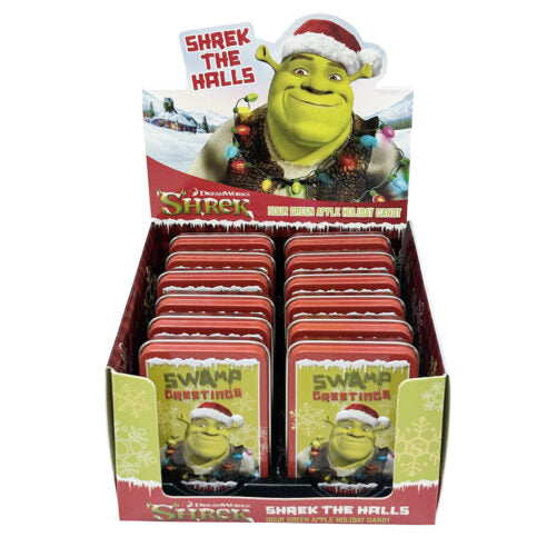 12ct box - Merry Christmas, or in this case, Swamp-mas! Celebrate the holidays with Shrek this season, featuring Shrek-shaped candies packed in an embossed metal tin or a convenient 12-count box. These fun candies in a tin make you want to Shreck the halls with sweet candy cheer! Perfect stocking stuffers this Christmas!