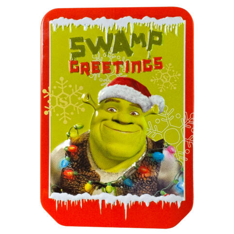 1oz tin - Merry Christmas, or in this case, Swamp-mas! Celebrate the holidays with Shrek this season, featuring Shrek-shaped candies packed in an embossed metal tin or a convenient 12-count box. These fun candies in a tin make you want to Shreck the halls with sweet candy cheer! Perfect stocking stuffers this Christmas!
