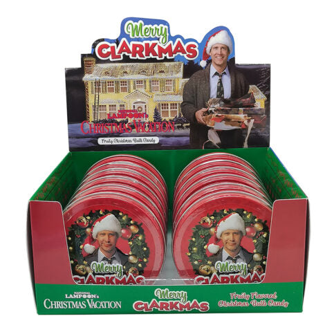 12ct box - It's that time...Christmas is back and we have extra lights for you! Fruity Christmas bulbs may not help you with your tree, but they are a sweet treat for when you really need one. Our Clark Griswold tin is filled with 1.5 ounces of candy, packed 12 per display. Hopefully you were nice and not naughty, nice means coming to a stocking near you!