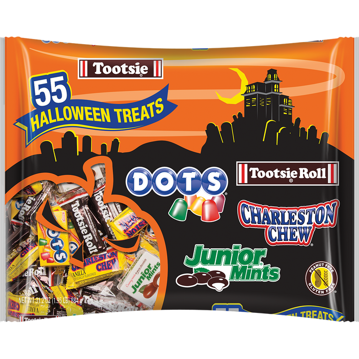 Tootsie Roll Assorted 55ct Snack Size Bag with Dots, Junior Mints, Charlston Chews and Tootsie Rolls.