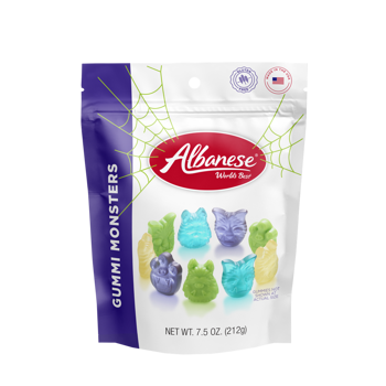 A stand-up pouch of Albanese Gummi Monsters candy, featuring a white and purple package design with a red logo and illustrations of colorful monster gummies.