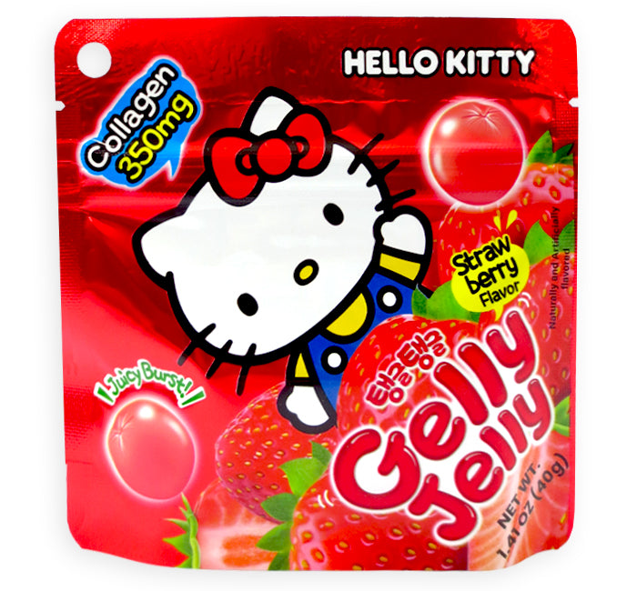 Hello Kitty Gelly Jelly Strawberry candy in a red resealable pouch with Hello Kitty graphics, strawberries, and text including 'HELLO KITTY' and 'Gelly Jelly'.
