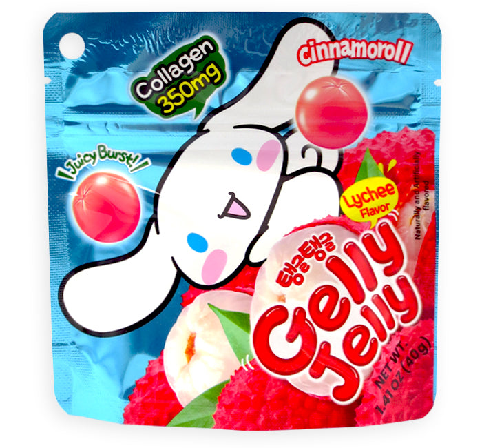 A stand-up pouch of Cinnamoroll Gelly Jelly candy, featuring a blue background with a large white Cinnamoroll character, red lychee jelly graphics, and text including 'Collagen 350mg', 'cinnamoroll', and 'Lychee Flavor'.