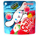 A stand-up pouch of Cinnamoroll Gelly Jelly candy, featuring a blue background with a large white Cinnamoroll character, red lychee jelly graphics, and text including 'Collagen 350mg', 'cinnamoroll', and 'Lychee Flavor'.