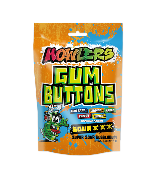 Introducing Howlers Super Sour Gum Buttons, the perfect item for all you sour candy fans! This bag packs a mouth puckering punch of 5 assorted flavors that will make your taste buds go wild. Available in a 1.66oz pack or 12ct box. Get ready to pucker up for this unique and tasty sour tastic treat, and lets get chewing! Bubbles anyone?