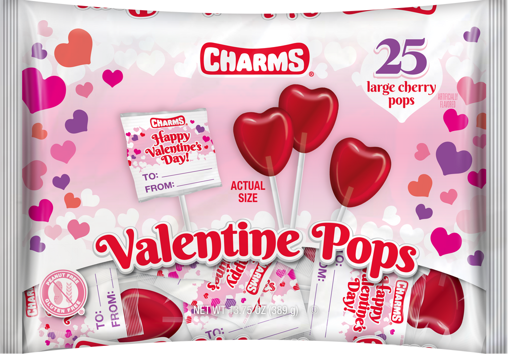 Spread love with Charms Valentine Heart Pops! Individually wrapped, these cherry-flavored, heart-shaped lollipops are perfect for class exchanges (or sneaky snacking). With cute "To and From" labels on each wrapper, these pops are a sweet addition to any holiday celebration.