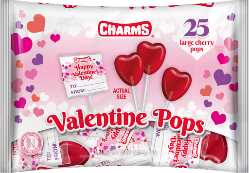 Spread love with Charms Valentine Heart Pops! Individually wrapped, these cherry-flavored, heart-shaped lollipops are perfect for class exchanges (or sneaky snacking). With cute "To and From" labels on each wrapper, these pops are a sweet addition to any holiday celebration.