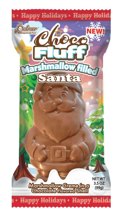 A package of Palmer Choco Fluff Marshmallow filled Santa on a white background.