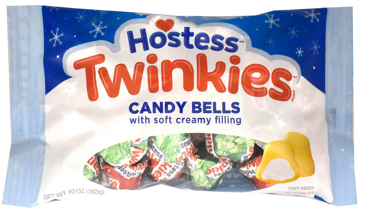 Hostess Twinkies Candy Bells in a 10 oz bag, featuring red and orange lettering on a blue and white snowy background with a clear window showing wrapped candies and a yellow candy bell.
