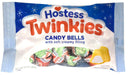 Hostess Twinkies Candy Bells in a 10 oz bag, featuring red and orange lettering on a blue and white snowy background with a clear window showing wrapped candies and a yellow candy bell.