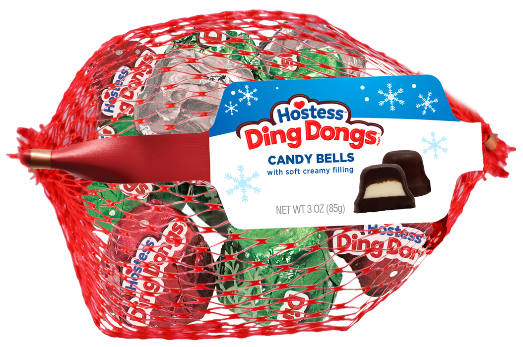 Hostess Ding Dongs Candy Bells in a red mesh bag, featuring individually wrapped red and green holiday-themed candy bells with a blue and white product label.