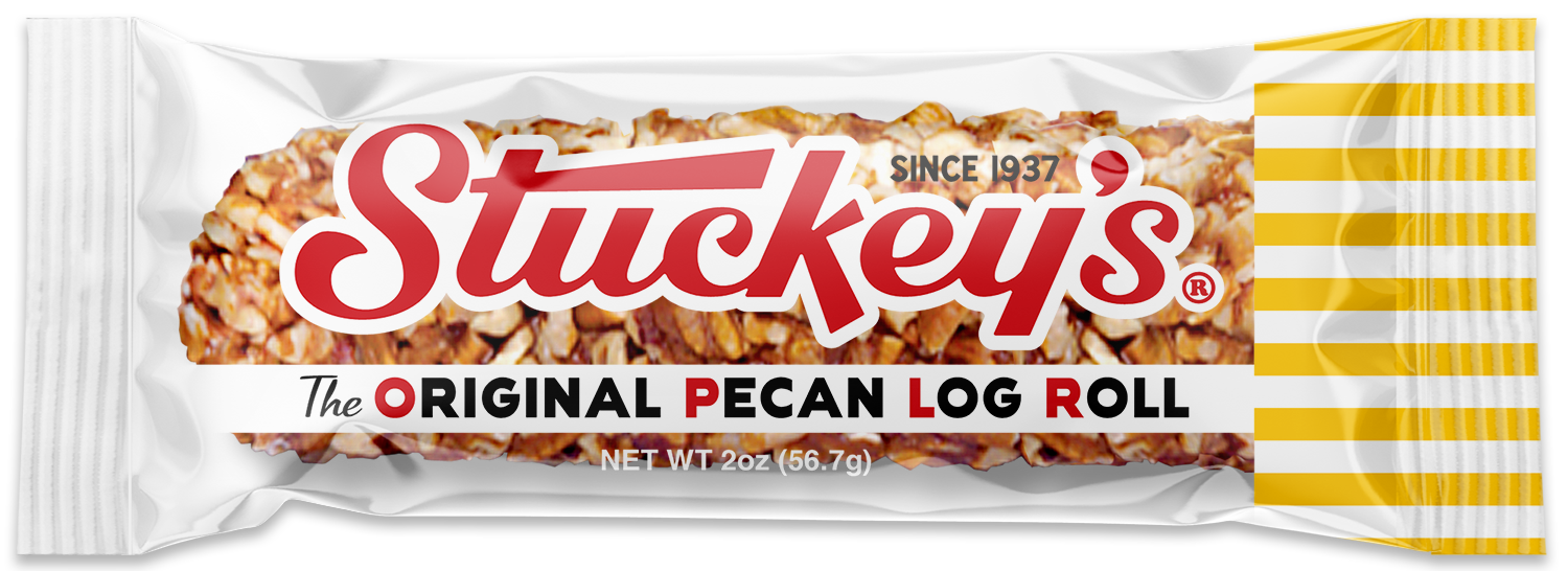 Stuckey's Original Pecan Log Roll candy bar packaging with red and yellow design.