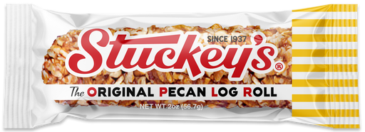 Stuckey's Original Pecan Log Roll candy bar packaging with red and yellow design.