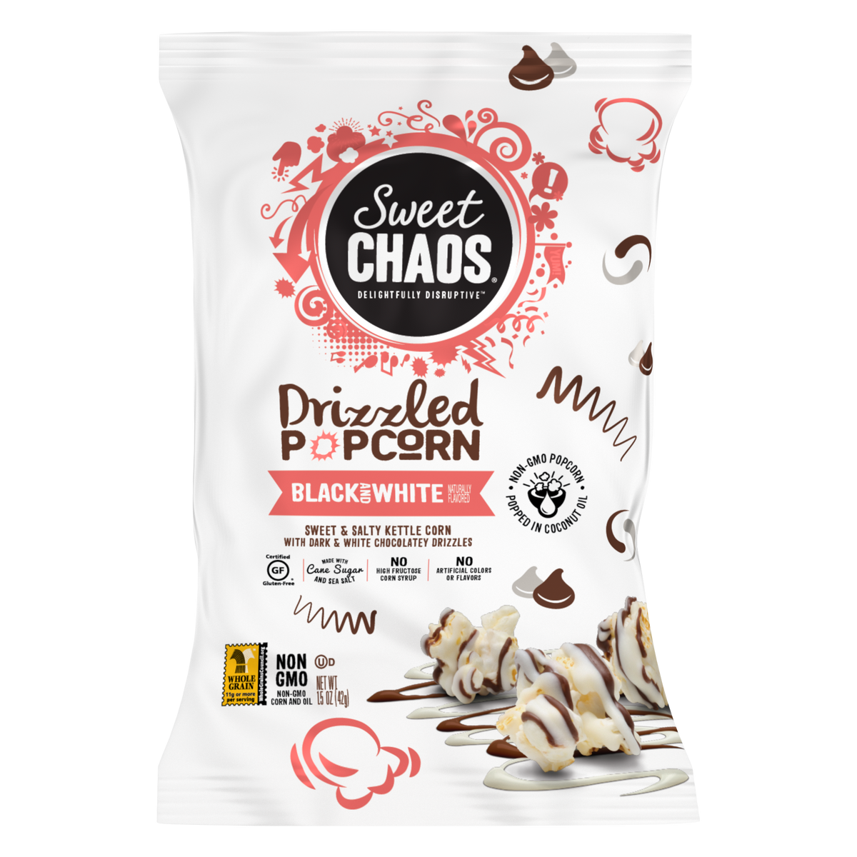 Sweet Chaos Popcorn 1.5oz Black & White Drizzle — Sweeties Candy