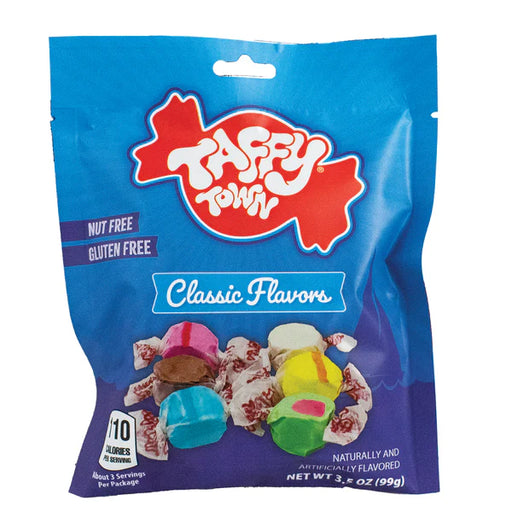 Taffy Town candy package with blue background and colorful taffy pieces.