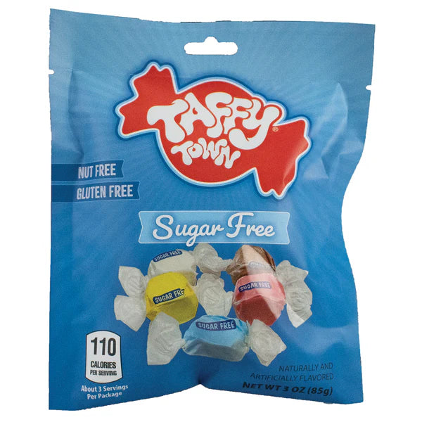 Taffy Town sugar-free candy package with blue background and red logo