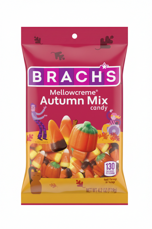 A bag of Brachs Mellowcreme Autumn Mix candy, featuring a bright pink and yellow packaging design with illustrations of pumpkins, candy corn, and fall leaves.