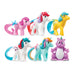 Set of colorful toy ponies on a white background