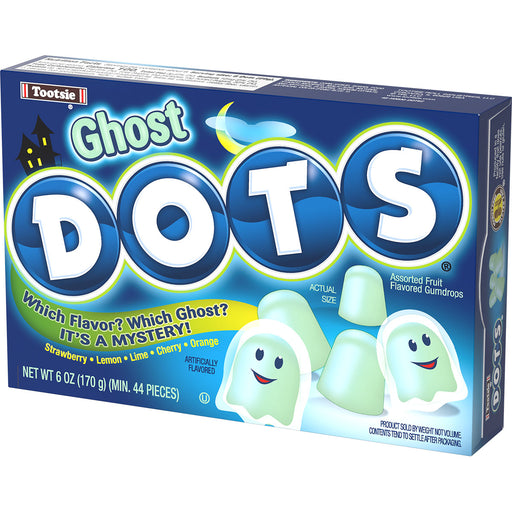 Ghost Dots 6oz box Assorted fruit flavors but all white like ghosts. Which Flavor? Which Ghost? Its a Mystery!