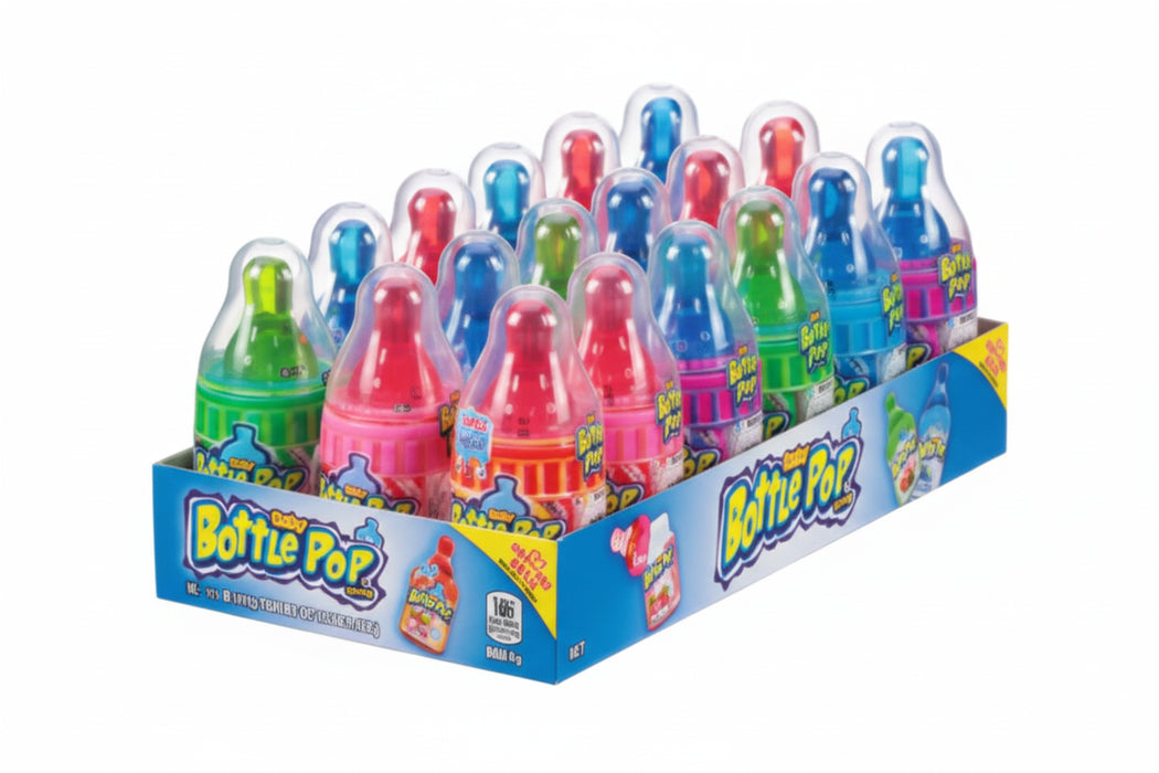 Assorted colorful bottles in a display box