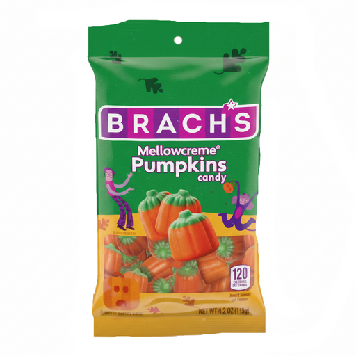 A bag of Brachs Mellowcreme Pumpkins candy, featuring a green and orange package design with illustrations of jack-o'-lanterns and purple ghosts.