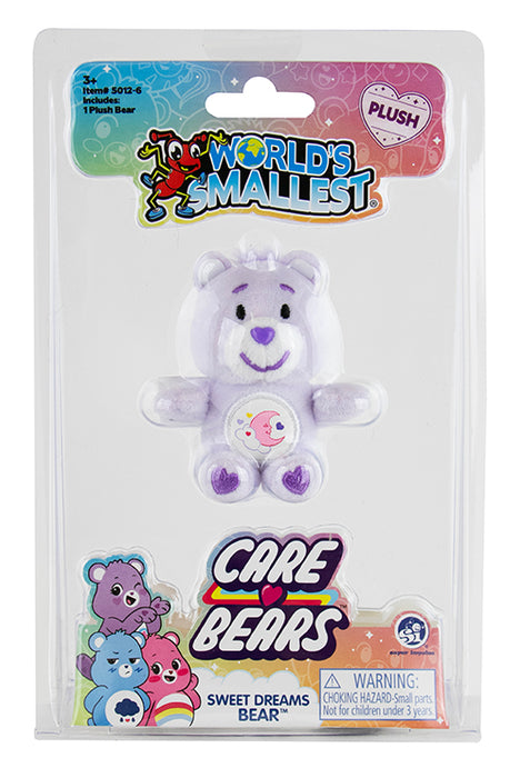 World's Smallest Care Bears plush toy packaging with purple bear on a white background
