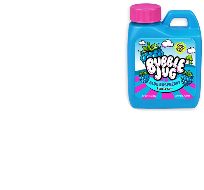 Bubble Jug Blue Raspberry bubble gum packaging and bottle on a white background