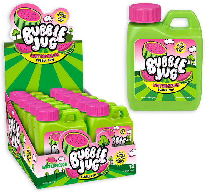Bubble Jug watermelon bubble gum packaging with green and pink design