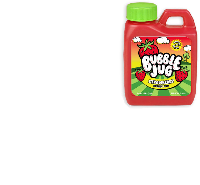 Bubble Jug Strawberry bubble gum packaging and bottle on a white background