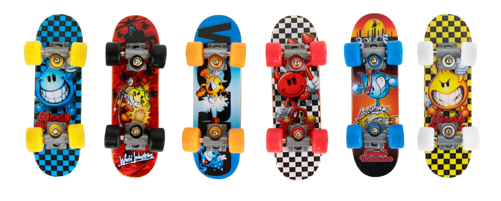 Six colorful children's skateboards with cartoon characters on a white background