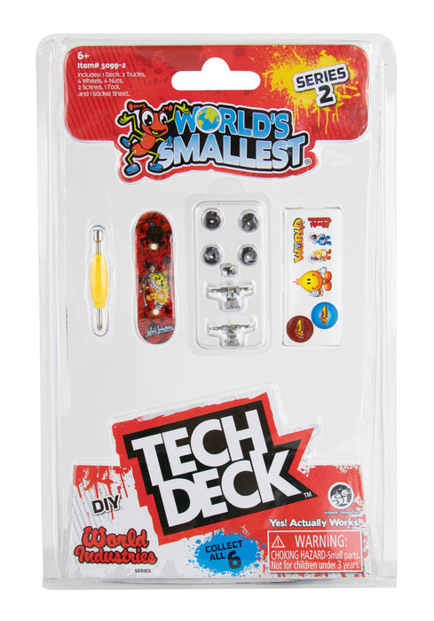Tech Deck World's Smallest Series 2 packaging with mini skateboard and accessories.