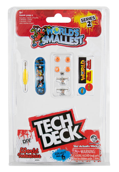 Tech Deck World's Smallest skateboard set packaging with branding and product details.