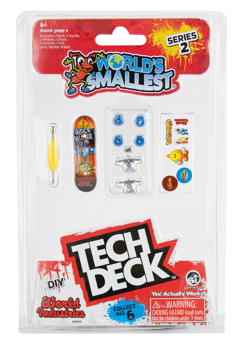 Tech Deck World's Smallest skateboard set packaging with various components on a white background