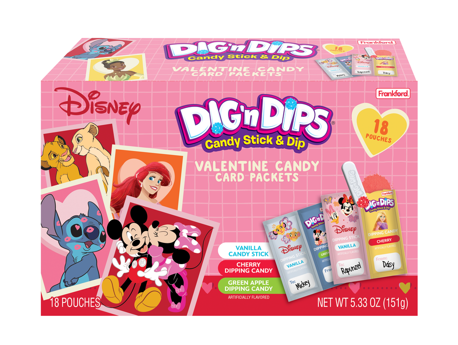 Indulge in a playful exchange this Valentine's Day with Dig and Dips! Each 18ct box features creamy vanilla candy sticks with a twist - cherry and apple powdered dipping candy! Adorned with beloved Disney characters, including princesses, Lilo and Stitch, Mickey and Minnie, and the Lion King. (Delightfully delicious and oh-so-fun!)