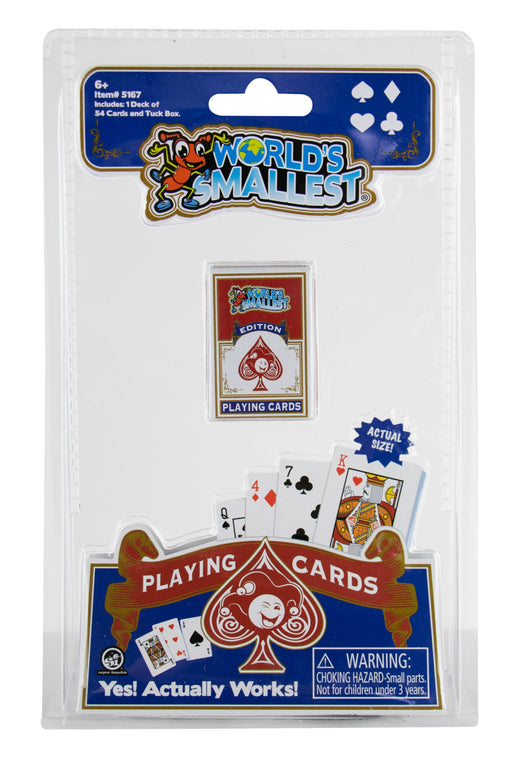 World's Smallest Playing Cards packaging with playing card illustrations on a white background