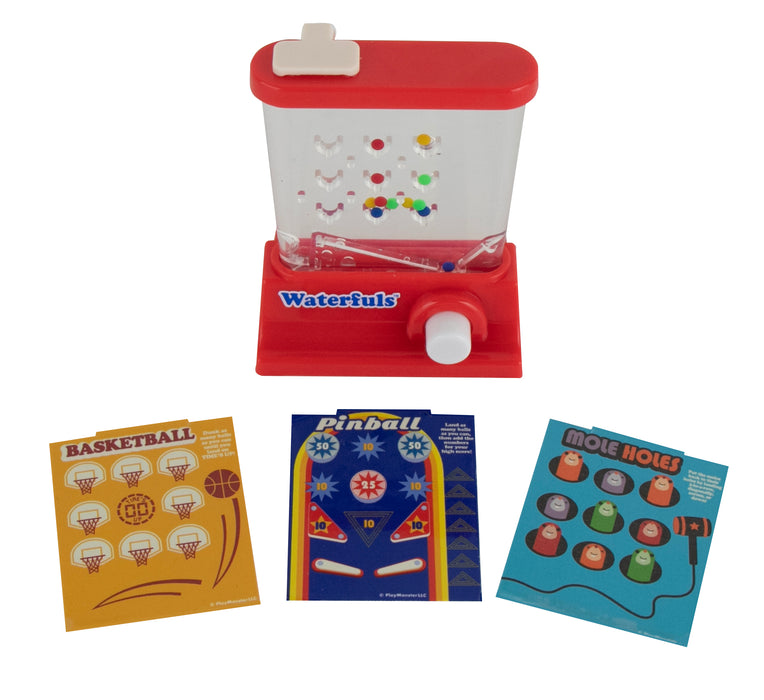 Red and white waterball machine with three game boards on a white background