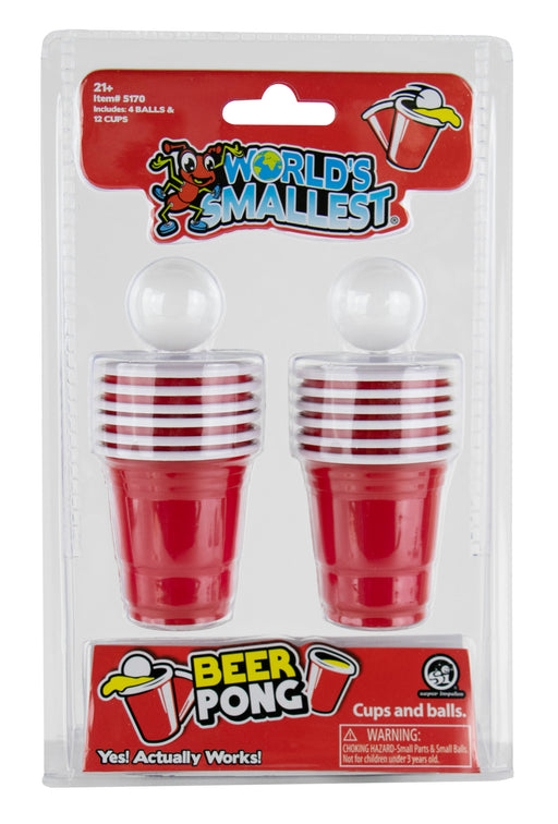World's Smallest Beer Pong set packaging with red cups and white balls on a white background.