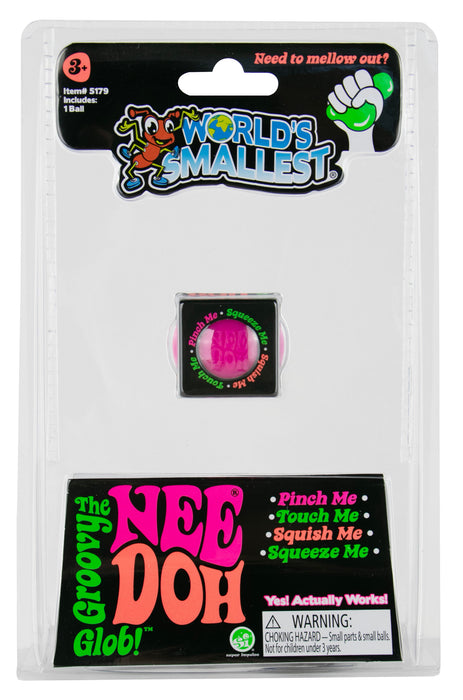 World's Smallest Groovy Nee Doh Glob packaging with colorful text and a pink globe.