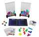 Tetris-themed board game set with pieces, cards, and display stands on a white background