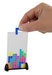 Hand holding a small transparent stand with colorful block design on a white background