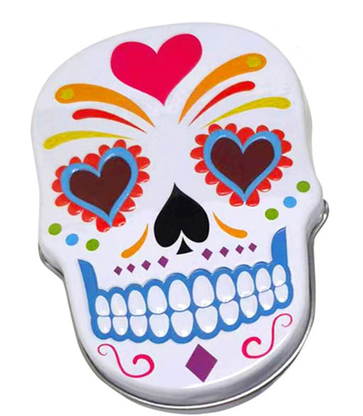 Dia De Los Muertos - Day of The Dead Sugar 3D shaped Skull Candy in a Metal Embossed Tin White