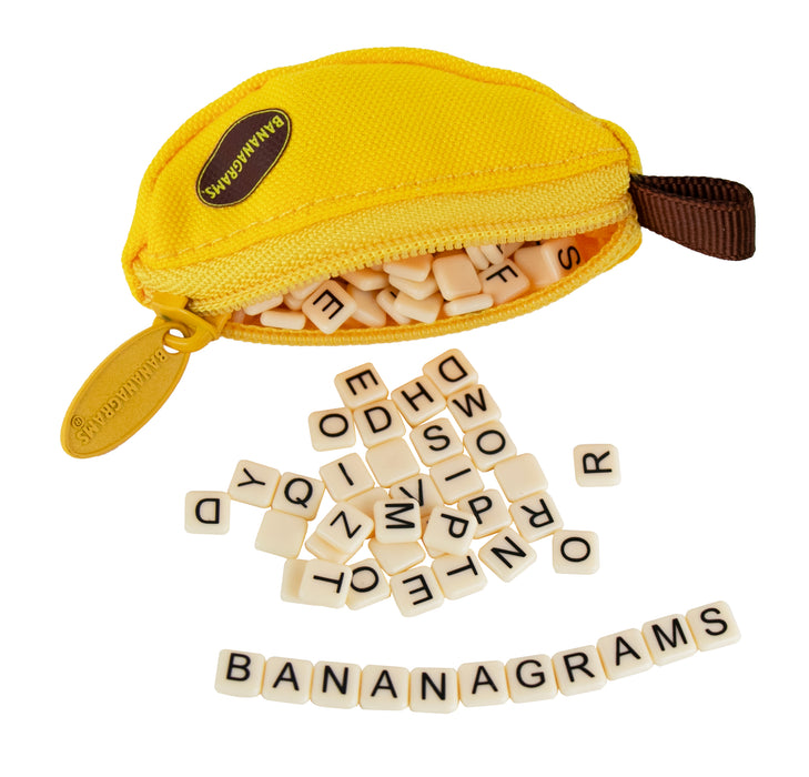Yellow 'Bananagrams' game set with letter tiles on a white background