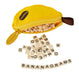 Yellow 'Bananagrams' game set with letter tiles on a white background