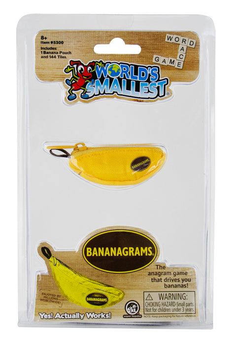 Banana-shaped game packaging for Bananagrams with 'World's Smallest' branding on a white background.